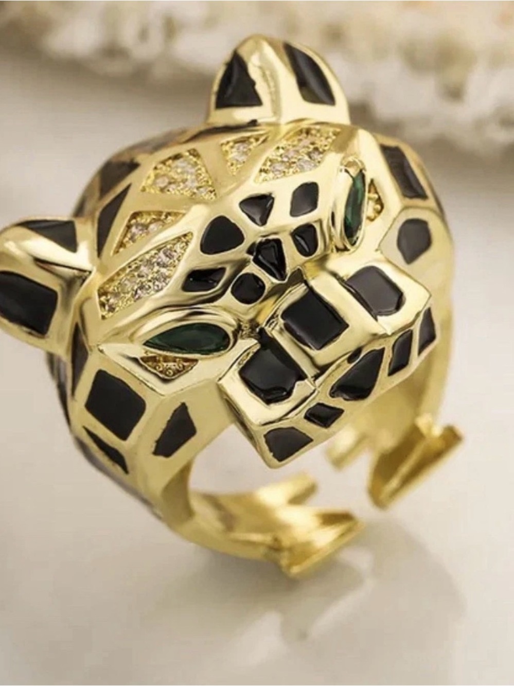 Gold-Tone Black Enamel Panther Ring with Green Accent - Women Jewelry